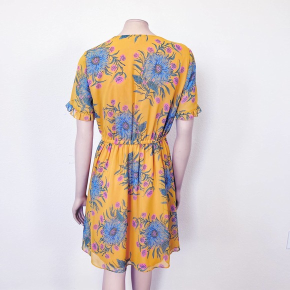 [Madewell] Sweetgrass Ruffle-Sleeve Dress Painted Blooms Yellow V-Neck Size 6 - Picture 3 of 12